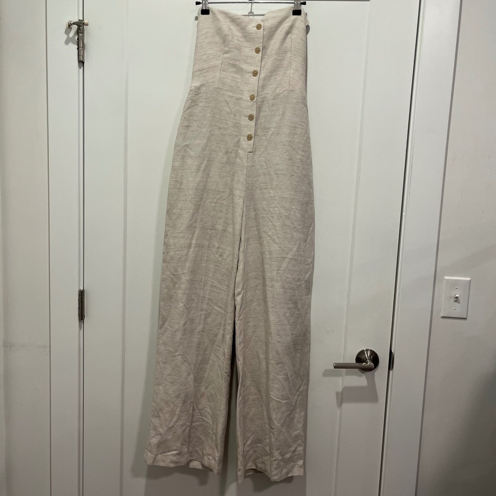 Wilfred Aritzia Linen Blend Strapless Button Front Wide Leg Jumpsuit Beige 4